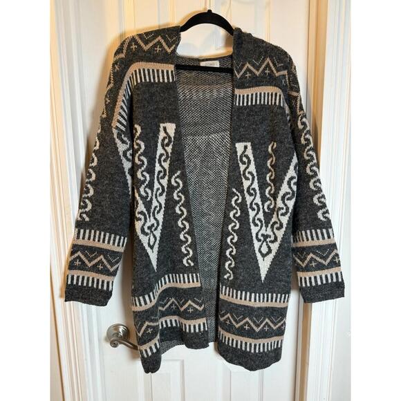 Oceanus Sweaters - Oceanus Hooded Long Cardigan Aztec Design Black & Cream Western Vibe Size Small